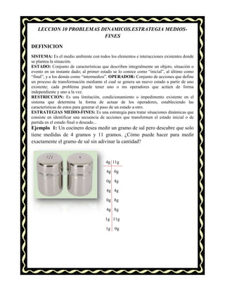 LECCION 10 PROBLEMAS DINAMICOS.ESTRATEGIA MEDIOSFINES
DEFINICION
SISTEMA: Es el medio ambiente con todos los elementos e interacciones existentes donde
se plantea la situación.
ESTADO: Conjunto de características que describen integralmente un objeto, situación o
evento en un instante dado; al primer estado se lo conoce como “inicial”, al último como
“final”, y a los demás como “intermedios”. OPERADOR: Conjunto de acciones que define
un proceso de transformación mediante el cual se genera un nuevo estado a partir de uno
existente; cada problema puede tener uno o ms operadores que actúen de forma
independiente y uno a la vez.
RESTRICCION: Es una limitación, condicionamiento o impedimento existente en el
sistema que determina la forma de actuar de los operadores, estableciendo las
características de estos para generar el paso de un estado a otro.
ESTRATEGIAS MEDIO-FINES: Es una estrategia para tratar situaciones dinámicas que
consiste en identificar una secuencia de acciones que transformen el estado inicial o de
partida en el estado final o deseado...

Ejemplo 1: Un cocinero desea medir un gramo de sal pero descubre que solo
tiene medidas de 4 gramos y 11 gramos. ¿Cómo puede hacer para medir
exactamente el gramo de sal sin adivinar la cantidad?

4g 11g
4g 0g
0g 4g
4g 4g
0g 8g
4g 8g
1g 11g
1g 0g

 