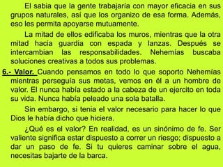 El sabia que la gente trabajaría con mayor eficacia en sus
   grupos naturales, así que los organizo de esa forma. Además,
   eso les permita apoyarse mutuamente.
        La mitad de ellos edificaba los muros, mientras que la otra
   mitad hacia guardia con espada y lanzas. Después se
   intercambian las responsabilidades. Nehemías buscaba
   soluciones creativas a todos sus problemas.
6.- Valor. Cuando pensamos en todo lo que soporto Nehemías
   mientras perseguía sus metas, vemos en él a un hombre de
   valor. El nunca había estado a la cabeza de un ejercito en toda
   su vida. Nunca había peleado una sola batalla.
        Sin embargo, si tenia el valor necesario para hacer lo que
   Dios le había dicho que hiciera.
        ¿Qué es el valor? En realidad, es un sinónimo de fe. Ser
   valiente significa estar dispuesto a correr un riesgo; dispuesto a
   dar un paso de fe. Si tu quieres caminar sobre el agua,
   necesitas bajarte de la barca.
 