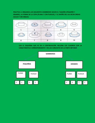 PRACTICA 2: ORGANIZA LOS SIGUIENTES SOMBREROS SEGÚN EL TAMAÑO (PEQUEÑO Y
GRANDE), LA FORMA DE LA COPA (PLANA Y CON PLIEGUE), Y EL DISEÑO DEL ALA 8CON ONDAS
AZULES Y SIN ONDAS)

USA EL ESQUEMA QUE SE DA A CONTINUACIÓN. RELLENA LOS CUADROS CON LA
CARACTERISTICA CORRESPONDIENTE Y EN LOS CORCHETES DE LA PARTE INFERIOR
SOMBREROS

PEQUEÑOS

PLANA

C
O
N
O
N
D
A

S

GRANDES

PLIEGUE

C

S

PLANA

C

PLIEGUE

S

C

S

 