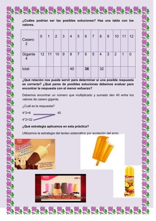 ¿Cuáles podrían ser las posibles soluciones? Haz una tabla con los
valores.

Casero
2
Gigante
4

0

1

2

3

4

5

6

7

8

9

10 11 12

12 11 10 9

8

7

6

5

4

3

2

total

40

36

1

0

32

¿Qué relación nos puede servir para determinar si una posible respuesta
es correcta? ¿Qué pares de posibles soluciones debemos evaluar para
encontrar la respuesta con el menor esfuerzo?
Debemos encontrar un número que multiplicado y sumado den 40 entre los
valores de casero gigante.
¿Cuál es la respuesta?
4*2=8

40

4*2=32
¿Qué estrategia aplicamos en esta práctica?
Utilizamos la estrategia del tanteo sistemático por acotación del error.

 
