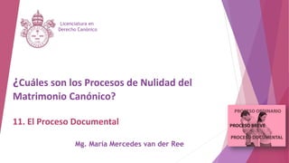 ¿Cuáles son los Procesos de Nulidad del
Matrimonio Canónico?
11. El Proceso Documental
Licenciatura en
Derecho Canónico
Mg. María Mercedes van der Ree
 