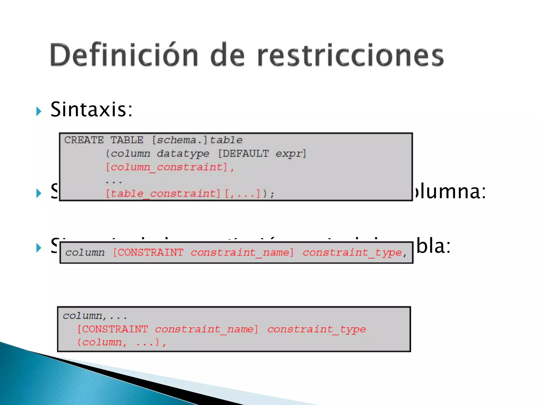  Sintaxis:
 Sintaxis de la restricción a nivel de columna:
 Sintaxis de la restricción a nivel de tabla:
 