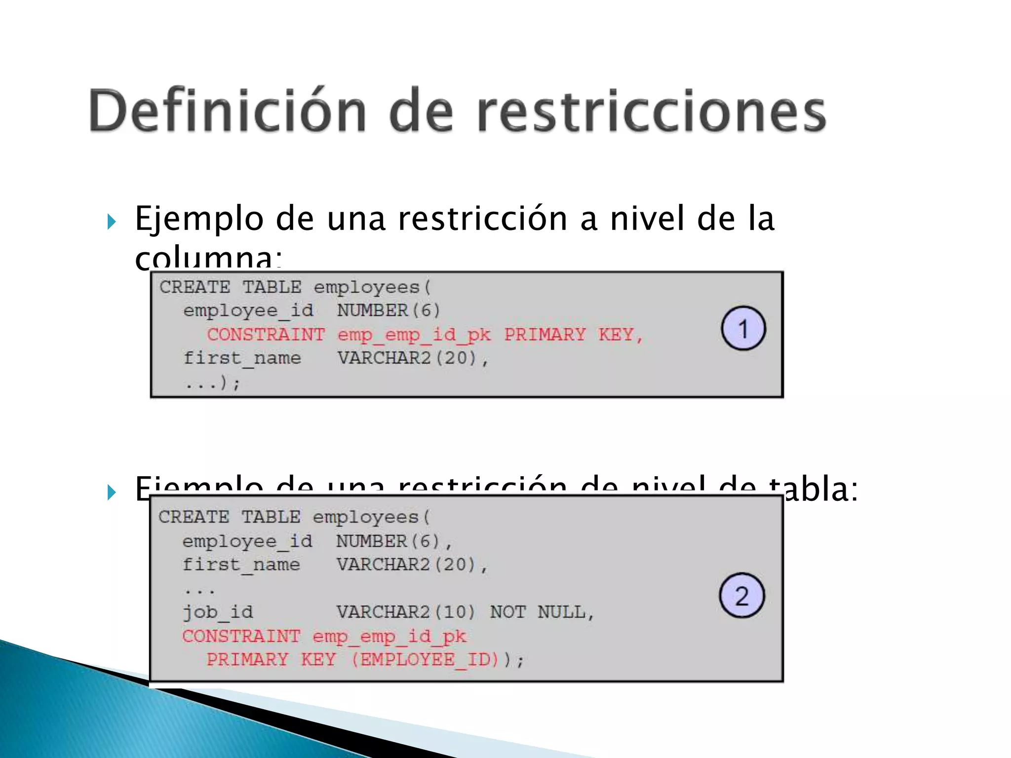  Ejemplo de una restricción a nivel de la
columna:
 Ejemplo de una restricción de nivel de tabla:
 