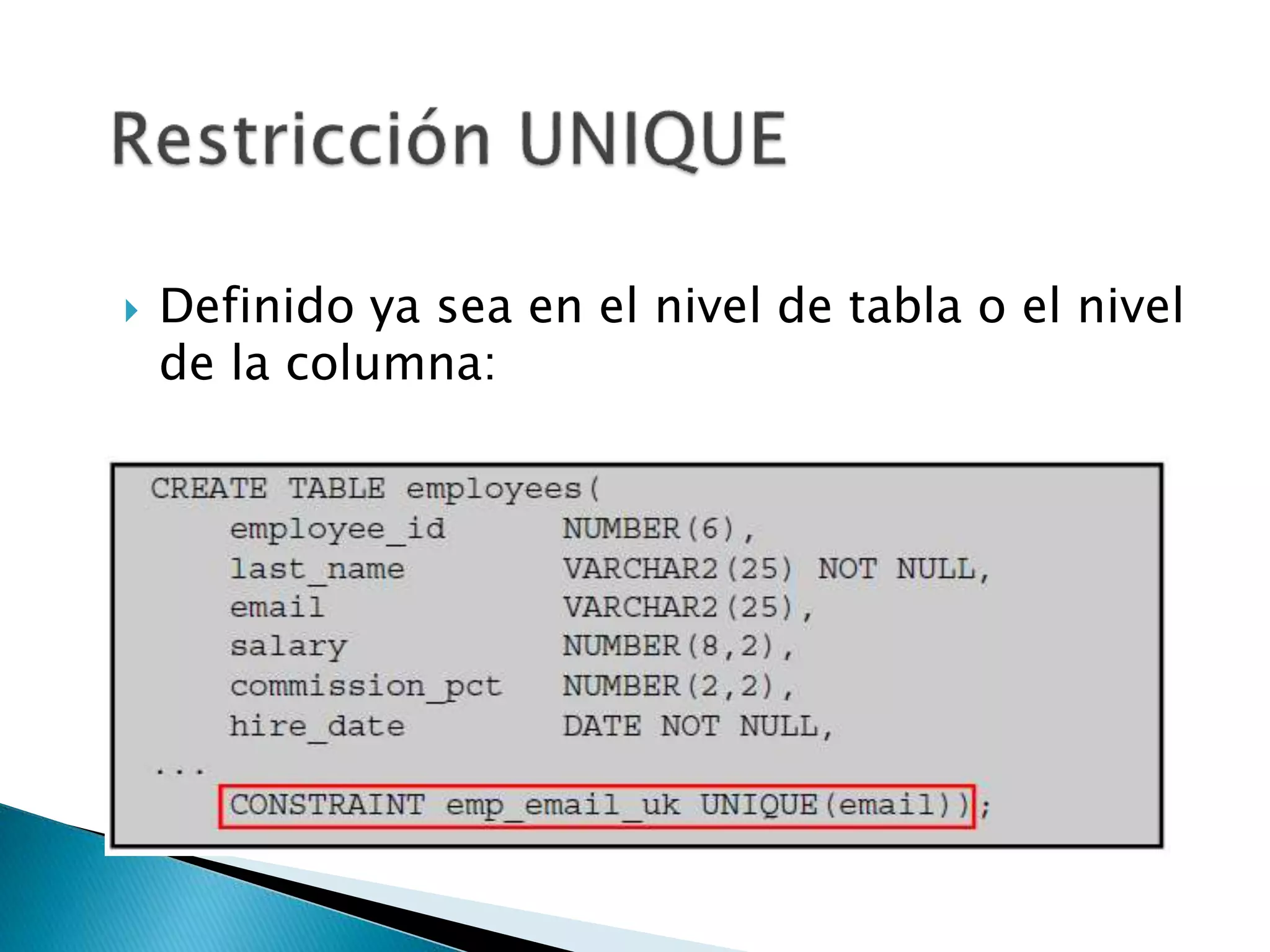  Definido ya sea en el nivel de tabla o el nivel
de la columna:
 