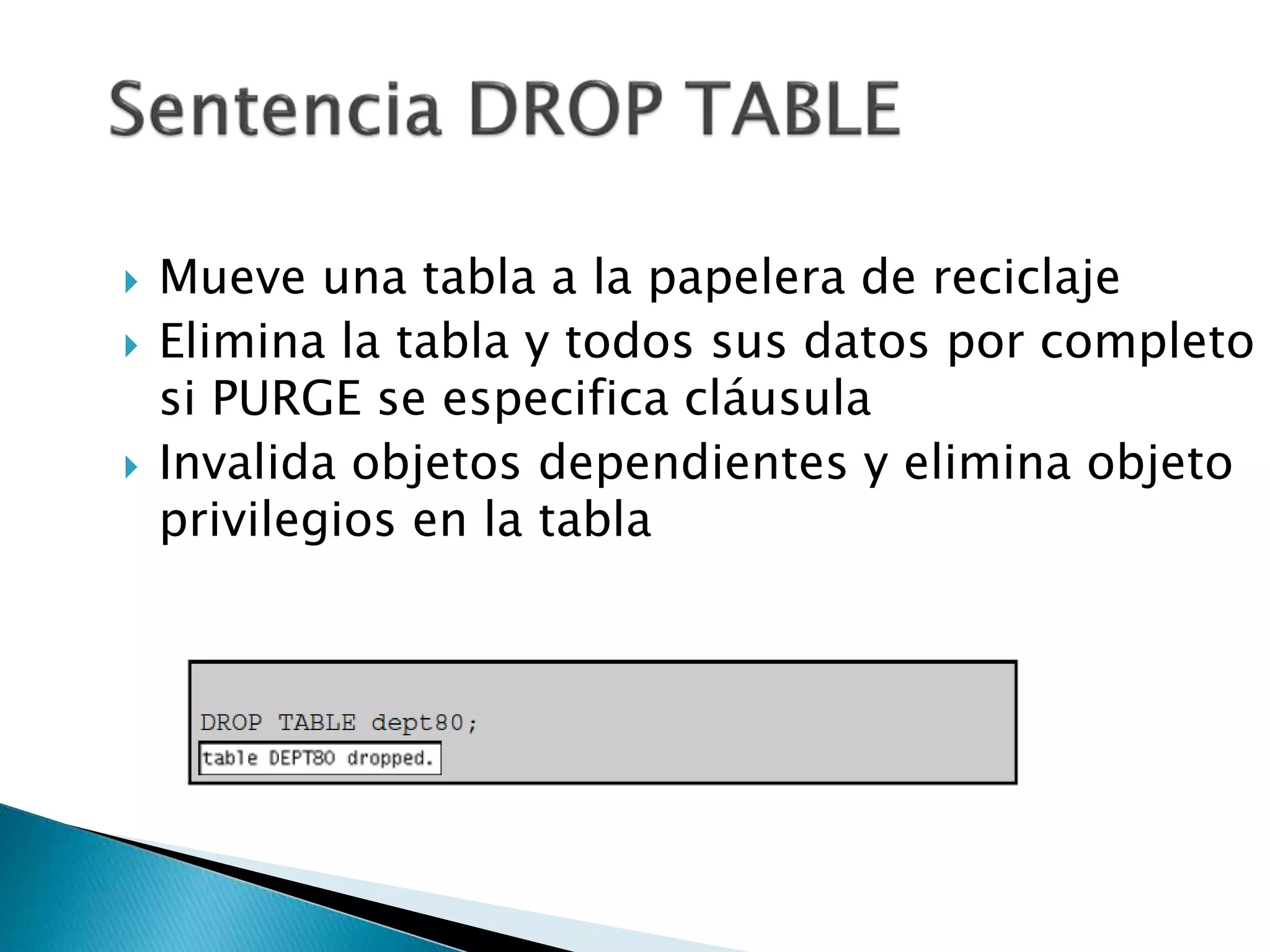  Mueve una tabla a la papelera de reciclaje
 Elimina la tabla y todos sus datos por completo
si PURGE se especifica cláusula
 Invalida objetos dependientes y elimina objeto
privilegios en la tabla
 