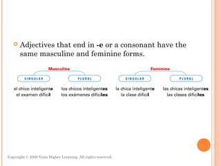    Adjectives that end in -e or a consonant have the
       same masculine and feminine forms.




Copyright © 2008 Vista Higher Learning. All rights reserved.   3.1-6
 