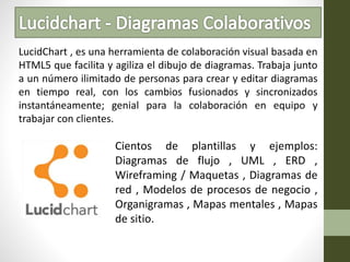LucidChart , es una herramienta de colaboración visual basada en
HTML5 que facilita y agiliza el dibujo de diagramas. Trabaja junto
a un número ilimitado de personas para crear y editar diagramas
en tiempo real, con los cambios fusionados y sincronizados
instantáneamente; genial para la colaboración en equipo y
trabajar con clientes.
Cientos de plantillas y ejemplos:
Diagramas de flujo , UML , ERD ,
Wireframing / Maquetas , Diagramas de
red , Modelos de procesos de negocio ,
Organigramas , Mapas mentales , Mapas
de sitio.
 