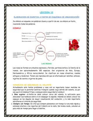 LECCION 12
ELABORACION DE ESCRITOS A PARTIR DE ESQUEMAS DE ORGANIZACIÓN
Se elabora un esquema con palabras claves y a partir de eso se elabora un texto,
reuniendo todas las palabras.
EJEMPLO

LAS ROSAS
Las rosas se forman en arbustos espinosos y floridos, pertenecientes a la familia de la
roseas, son aproximadamente 100 especies. Son originarias de Asia, Europa,
Norteamérica y África noroccidental. Se clasifican en rosas silvestres, rosales
antiguos y modernos. Tienen una reproducción que es efectuada por semillas, estacas,
injertos de vareta e injertos de yema.

CONSEJOS DE SEGURIDAD AL VOLANTE
Actualmente ante tantos problemas y caos vial es importante tomar medidas de
seguridad que le permitan sentirse tranquilo cuando viaja detrás del volante, es por
eso que le brindamos 5 tips o consejos sobre seguridad al conducir.
ü Bien sujetos: el chofer se debe colocar cerca del volante, lo suficiente para
descansar sus muñecas sobre el sin despegar la espalda. Además se deben colocar los
espejos en los ángulos de mayor visualización del conductor, y lo más importante
abrocharse el cinturón de seguridad.
ü Siempre con tiempo: Es vital que siempre planeemos con tiempo la ruta más rápida y
estemos atentos a los reportes del tránsito en la radio. Del mismo modo, calculen un
poco más de tiempo para llegar al destino.

 