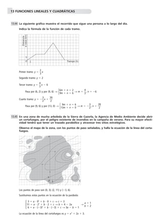 13 FUNCIONES LINEALES Y CUADRÁTICAS 
La siguiente gráfica muestra el recorrido que sigue una persona a lo largo del día. 
Indica la fórmula de la función de cada tramo. 
2 
3 x 
1 
Primer tramo: y   
Segundo tramo: y  2 
4 
3 x  6 
Tercer tramo: y   
Pasa por (6, 2) y por (9, 6) →  → m   
4 
3, n  6 
3 
2x   3 
2 
Cuarto tramo: y   
9 
6m  n  2 
9m  n  6 
Pasa por (9, 6) y por (13, 0) →  → m   
3 
2, n   3 
2 
9 
En una zona de mucha arboleda de la Sierra de Cazorla, la Agencia de Medio Ambiente decide abrir 
un cortafuegos, por el peligro existente de incendios en la campaña de verano. Para su mayor efecti-vidad 
tendrá que tener un trazado parabólico y atravesar tres sitios estratégicos. 
Observa el mapa de la zona, con los puntos de paso señalados, y halla la ecuación de la línea del corta-fuegos. 
1 
Los puntos de paso son (0, 3); (2, 11) y (3, 6). 
Sustituimos estos puntos en la ecuación de la parábola: 
 → 
La ecuación de la línea del cortafuegos es y  x2  2x  3. 
a  1 
b  2 
3  a  02  b  0  c → c  3 
11  a  22  b  2  c → b  4  2a 
6  a  (3)2  b  (3)  c → 3a  b  1 
13.45 
9m  n  6 
13m  n  0 
13.44 
O 1 
Tiempo (h) 
Distancia 
a casa (km) 
O 1 
X 
Y 
 