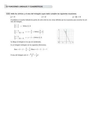 13 FUNCIONES LINEALES Y CUADRÁTICAS 
Halla los vértices y el área del triángulo cuyos lados cumplen las siguientes ecuaciones. 
y  3 x  2 y 2x  6 
El problema se resuelve hallando los puntos de corte entre las tres rectas definidas por las ecuaciones, para encontrar los vér-tices 
del triángulo. 
 → Vértice (2, 3) 
 → x   
3 
2 → Vértice  
3 
2, 3 
y  3 
x  2 
y  3 
y  2x  6 
 → y  2 → Vértice (2, 2) 
Se dibuja el triángulo en los ejes de coordenadas. 
Es un triángulo rectángulo con las siguientes dimensiones. 
3 
2   
Base 
 b  2   
1 
2. Altura 
 h  3  2  1 
El área del triángulo será: A   b 
 h 
  
2 
1 
4u2. 
y  2 
y  2x  6 
13.50 
Y 
O 
1 X 
1 
 