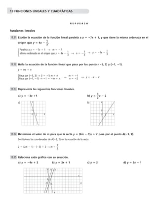 13 FUNCIONES LINEALES Y CUADRÁTICAS 
R E F U E R Z O 
Funciones lineales 
Escribe la ecuación de la función lineal paralela a y  7x  1, y que tiene la misma ordenada en el 
origen que y  4x  —1 
—. 
3 
 → y  7x   
1 
3 
Halla la ecuación de la función lineal que pasa por los puntos (5, 3) y (1, 1). 
y  mx  n 
 → →y  x  2 
Representa las siguientes funciones lineales. 
a) y  3x 1 b) y  —3 
—x  2 
2 
Y 
a) b) 
Y 
Determina el valor de m para que la recta y  (2m  1)x  2 pase por el punto A(3, 2). 
Sustituimos las coordenadas de A(3, 2) en la ecuación de la recta. 
1 
2 
2  (2m  1)  (3)  2 → m   
Relaciona cada gráfica con su ecuación. 
a) y  4x  2 b) y  3x  1 c) y  2 d) y  3x  1 
13.53 
13.54 
13.55 
m  1 
n  2 
Pasa por (5, 3) → 3  5 m  n 
Pasa por (1, 1) → 1  m  n 
13.52 
Paralela a y  7x  1 → m  7 
Misma ordenada en el origen que y  4x   
1 
3 → n   
1 
3 
13.51 
O 
1 X 
1 
O 
1 X 
1 
Y 
O 
1 X 
1 
a 
b 
c 
d 
 