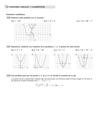 13 FUNCIONES LINEALES Y CUADRÁTICAS 
Funciones cuadráticas 
Relaciona cada parábola con su ecuación. 
a) y  2x2 b) y  x2  3 c) y  (x  2)2  1 
c b 
Representa, mediante una traslación de la parábola y  x2, la gráfica de cada función. 
a) y  x2  3 b) y  (x  3)2 c) y  x2  2 d) y  (x  1)2  5 
a) Y 
b) Y 
c) Y 
d) 
Y 
Una parábola pasa por los puntos (1, 3) y (5, 3). Escribe la ecuación de su eje. 
La ecuación del eje se puede hallar mediante estos dos puntos, pues son simétricos (tienen la misma imagen 3). Por tanto, el 
eje pasará por el punto intermedio entre x  5 y x  1. 
5  
(1) 
  
  
2 
6 
 
2 
 3 → Eje x  3 
13.56 
13.57 
13.58 
O 
Y 
1 X 
1 
a 
O 
1 X 
1 
O 
1 X 
1 
O 
1 X 
1 
O 
1 X 
1 
 