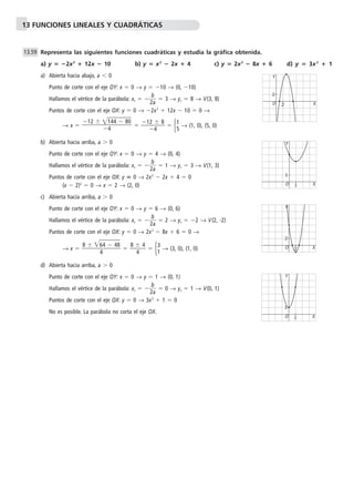 13 FUNCIONES LINEALES Y CUADRÁTICAS 
Representa las siguientes funciones cuadráticas y estudia la gráfica obtenida. 
a) y  2x2  12x  10 b) y  x2  2x  4 c) y  2x2  8x  6 d) y  3x2  1 
a) Abierta hacia abajo, a 	 0 
Punto de corte con el eje OY: x  0 → y  10 → (0, 10) 
b 
Hallamos el vértice de la parábola: xv  2 
a  
 3 → yv  8 → V(3, 8) 
Puntos de corte con el eje OX: y  0 → 2x2  12x  10  0 → 
 8 
  → (1, 0), (5, 0) 
1 
 
2 
4 
12  144 80  
→ x   
4 
b) Abierta hacia arriba, a  0 
15 
Punto de corte con el eje OY: x  0 → y  4 → (0, 4) 
b 
Hallamos el vértice de la parábola: xv  2 
a  
 1 → yv  3 → V(1, 3) 
Puntos de corte con el eje OX: y  0 → 2x2  2x  4  0 
(x  2)2  0 → x  2 → (2, 0) 
c) Abierta hacia arriba, a  0 
Punto de corte con el eje OY: x  0 → y  6 → (0, 6) 
b 
Hallamos el vértice de la parábola: xv  2 
a  
 2 → yv  2 → V(2, -2) 
Puntos de corte con el eje OX: y  0 → 2x2  8x  6  0 → 
4  4 8 
  8 
 6 
→ x   8 
4 
4 
 
4 
  → (3, 0), (1, 0) 
d) Abierta hacia arriba, a  0 
31 
Punto de corte con el eje OY: x  0 → y  1 → (0, 1) 
b 
Hallamos el vértice de la parábola: xv  2 
a  
 0 → yv  1 → V(0, 1) 
Puntos de corte con el eje OX: y  0 → 3x2  1  0 
No es posible. La parábola no corta el eje OX. 
13.59 
Y 
O 
2 X 
2 
Y 
O 
1 X 
1 
Y 
O 
2 X 
2 
Y 
O 
1 X 
1 
 