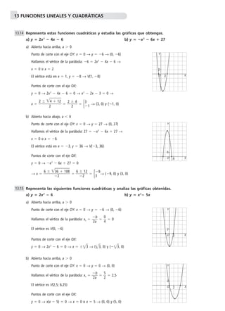 13 FUNCIONES LINEALES Y CUADRÁTICAS 
Representa estas funciones cuadráticas y estudia las gráficas que obtengas. 
a) y  2x2  4x  6 b) y  x2  6x  27 
a) Abierta hacia arriba, a  0 
Punto de corte con el eje OY: x  0 → y  6 → (0, 6) 
Hallamos el vértice de la parábola: 6  2x2  4x  6 → 
x  0 o x  2 
El vértice está en x  1, y  8 → V(1, 8) 
Puntos de corte con el eje OX: 
y  0 → 2x2  4x  6  0 → x2  2x  3  0 → 
4 12 
  2 
  
x   2 
2 
4 
 
2 
  → (3, 0) y (1, 0) 
b) Abierta hacia abajo, a 	 0 
Punto de corte con el eje OY: x  0 → y  27 → (0, 27) 
Hallamos el vértice de la parábola: 27  x2  6x  27 → 
x  0 o x  6 
El vértice está en x  3, y  36 → V(3, 36) 
Puntos de corte con el eje OX: 
y  0 → x2  6x  27  0 
  
 1 08  
  6 
→ x   6 
36 
2 
 
12 
  → (9, 0) y (3, 0) 
 
2 
Y 
Y 
Representa las siguientes funciones cuadráticas y analiza las gráficas obtenidas. 
a) y  2x2  6 b) y  x2 5x 
a) Abierta hacia arriba, a  0 
Punto de corte con el eje OY: x  0 → y  6 → (0, 6) 
b 
 
2a 
Hallamos el vértice de la parábola: xv   
0 
4  0 
  
El vértice es V(0, 6) 
Puntos de corte con el eje OX: 
y  0 → 2x2  6  0 → x  3 → (3, 0) y (3, 0) 
b) Abierta hacia arriba, a  0 
Punto de corte con el eje OY: x  0 → y  0 → (0, 0) 
b 
 
2a 
Hallamos el vértice de la parábola: xv   
5 
2  2,5 
  
El vértice es V(2,5; 6,25) 
Puntos de corte con el eje OX: 
y  0 → x(x  5)  0 → x  0 o x  5 → (0, 0) y (5, 0) 
13.15 
9 
3 
3 
1 
13.14 
O 
2 X 
2 
O 
6 X 
6 
Y 
O 
2 X 
2 
Y 
O 
2 X 
2 
 