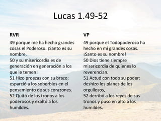 Lucas	1.49-52	
RVR	
49	porque	me	ha	hecho	grandes	
cosas	el	Poderoso.	¡Santo	es	su	
nombre,	
50	y	su	misericordia	es	de	
generación	en	generación	a	los	
que	le	temen!		
51	Hizo	proezas	con	su	brazo;	
esparció́	a	los	soberbios	en	el	
pensamiento	de	sus	corazones.	
52	Quitó	de	los	tronos	a	los	
poderosos	y	exaltó	a	los	
humildes.		
VP	
49	porque	el	Todopoderoso	ha	
hecho	en	mí	grandes	cosas.	
¡Santo	es	su	nombre!	
50	Dios	Jene	siempre	
misericordia	de	quienes	lo	
reverencian.	
51	Actuó́	con	todo	su	poder:	
deshizo	los	planes	de	los	
orgullosos,		
52	derribó	a	los	reyes	de	sus	
tronos	y	puso	en	alto	a	los	
humildes.	
	
 