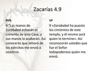 Zacarías	
  4.9	
  
RVR	
  

VP	
  

9	
  “Las	
  manos	
  de	
  
Zorobabel	
  echarán	
  el	
  
cimiento	
  de	
  esta	
  Casa,	
  y	
  
sus	
  manos	
  la	
  acabarán.	
  Así	
  
conocerás	
  que	
  Jehová́	
  de	
  
los	
  ejércitos	
  me	
  envió́	
  a	
  
vosotros.	
  

9	
  «Zorobabel	
  ha	
  puesto	
  
los	
  cimientos	
  de	
  este	
  
templo,	
  y	
  él	
  mismo	
  será́	
  
quien	
  lo	
  termine».	
  Así	
  
reconocerán	
  ustedes	
  que	
  
fue	
  el	
  Señor	
  
todopoderoso	
  quien	
  me	
  
envió́.	
  

 