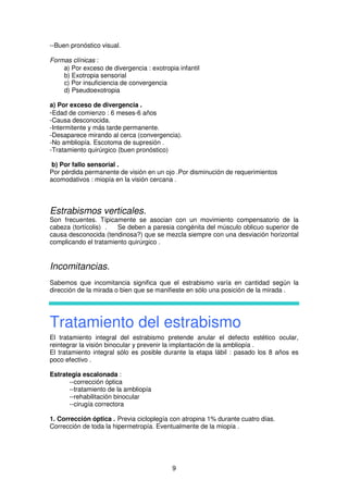 9
--Buen pronóstico visual.
Formas clínicas :
a) Por exceso de divergencia : exotropia infantil
b) Exotropia sensorial
c) Por insuficiencia de convergencia
d) Pseudoexotropia
a) Por exceso de divergencia .
-Edad de comienzo : 6 meses-6 años
-Causa desconocida.
-Intermitente y más tarde permanente.
-Desaparece mirando al cerca (convergencia).
-No ambliopía. Escotoma de supresión .
-Tratamiento quirúrgico (buen pronóstico)
b) Por fallo sensorial .
Por pérdida permanente de visión en un ojo .Por disminución de requerimientos
acomodativos : miopía en la visión cercana .
Estrabismos verticales.
Son frecuentes. Típicamente se asocian con un movimiento compensatorio de la
cabeza (tortícolis) . Se deben a paresia congénita del músculo oblicuo superior de
causa desconocida (tendinosa?) que se mezcla siempre con una desviación horizontal
complicando el tratamiento quirúrgico .
Incomitancias.
Sabemos que incomitancia significa que el estrabismo varía en cantidad según la
dirección de la mirada o bien que se manifieste en sólo una posición de la mirada .
Tratamiento del estrabismo
El tratamiento integral del estrabismo pretende anular el defecto estético ocular,
reintegrar la visión binocular y prevenir la implantación de la ambliopía .
El tratamiento integral sólo es posible durante la etapa lábil : pasado los 8 años es
poco efectivo .
Estrategia escalonada :
--corrección óptica
--tratamiento de la ambliopía
--rehabilitación binocular
--cirugía correctora
1. Corrección óptica . Previa cicloplegía con atropina 1% durante cuatro días.
Corrección de toda la hipermetropía. Eventualmente de la miopía .
 