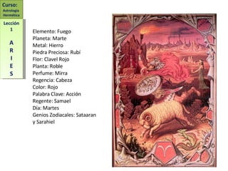 Elemento: Fuego   Planeta: Marte   Metal: Hierro   Piedra Preciosa: Rubí   Flor: Clavel Rojo   Planta: Roble   Perfume: Mirra  Regencia: Cabeza   Color: Rojo   Palabra Clave: Acción   Regente: Samael   Día: Martes   Genios Zodiacales: Sataaran y Sarahiel   Curso:  Astrología  Hermética Lección 1 A R I E S 