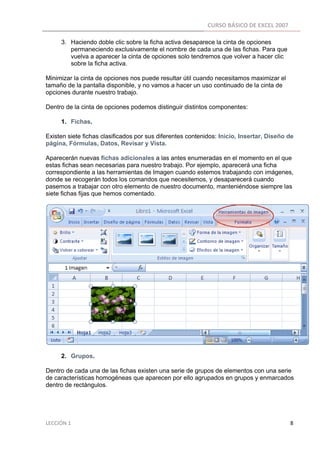 CURSO BÁSICO DE EXCEL 2007 
 
          3. Haciendo doble clic sobre la ficha activa desaparece la cinta de opciones
             permaneciendo exclusivamente el nombre de cada una de las fichas. Para que
             vuelva a aparecer la cinta de opciones solo tendremos que volver a hacer clic
             sobre la ficha activa.

Minimizar la cinta de opciones nos puede resultar útil cuando necesitamos maximizar el
tamaño de la pantalla disponible, y no vamos a hacer un uso continuado de la cinta de
opciones durante nuestro trabajo.

Dentro de la cinta de opciones podemos distinguir distintos componentes:

          1. Fichas.

Existen siete fichas clasificados por sus diferentes contenidos: Inicio, Insertar, Diseño de
página, Fórmulas, Datos, Revisar y Vista.

Aparecerán nuevas fichas adicionales a las antes enumeradas en el momento en el que
estas fichas sean necesarias para nuestro trabajo. Por ejemplo, aparecerá una ficha
correspondiente a las herramientas de Imagen cuando estemos trabajando con imágenes,
donde se recogerán todos los comandos que necesitemos, y desaparecerá cuando
pasemos a trabajar con otro elemento de nuestro documento, manteniéndose siempre las
siete fichas fijas que hemos comentado.




          2. Grupos.

Dentro de cada una de las fichas existen una serie de grupos de elementos con una serie
de características homogéneas que aparecen por ello agrupados en grupos y enmarcados
dentro de rectángulos.




LECCIÓN 1                                                                                                                                                                    8 
 
 