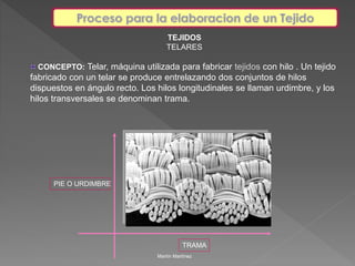 TEJIDOS 
TELARES 
CONCEPTO: Telar, máquina utilizada para fabricar tejidos con hilo . Un tejido 
fabricado con un telar se produce entrelazando dos conjuntos de hilos 
dispuestos en ángulo recto. Los hilos longitudinales se llaman urdimbre, y los 
hilos transversales se denominan trama. 
TRAMA 
Martín Martínez 
PIE O URDIMBRE 
 