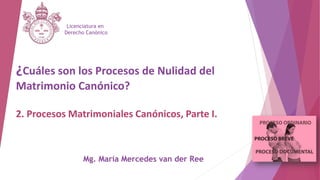 ¿Cuáles son los Procesos de Nulidad del
Matrimonio Canónico?
2. Procesos Matrimoniales Canónicos, Parte I.
Licenciatura en
Derecho Canónico
Mg. María Mercedes van der Ree
 