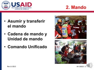 Rev.11-2013 AV CBSCI 2 - 6
• Asumir y transferir
el mando
• Cadena de mando y
Unidad de mando
• Comando Unificado
2. Mando
 
