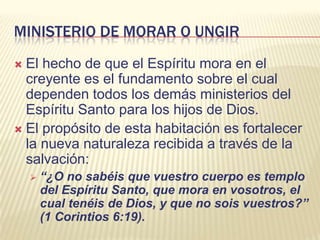 El Ministerio RestrictivoLa Presencia que comenzó con la Iglesia y ha continuado con ella cesará cuando la Iglesia sea quitada.El Espíritu Santo continuará estando presente en la tierra y en todo lugar del universo gracias a su atributo de omnisciencia.“¿A dónde me iré de tu Espíritu? ¿A dónde huiré de tu presencia?” (Salmos 139:7).Su obra será como en la dispensación de la Ley. 