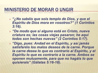 Convence de Pecado, Justicia y JuicioCONVENCE: Es el Espíritu Santo que convence de pecado para atraer a los hombres y mujeres a Jesús. Nadie no puede volverse un creyente sin este ministerio del Espíritu:“Cuando él venga, convencerá al mundo de pecado, de justicia y de juicio. En cuanto a pecado, porque no creen en mí; en cuanto a justicia, porque me voy al Padre, y no me veréis más; y en cuanto a juicio, porque el príncipe de este mundo ha sido juzgado” (Juan 16:8-11).Convence de Pecado, Justicia y JuicioEs una obra con el individuo y no con el mundo entero.El Espíritu Santo ilumina la mente del no creyente con respecto a un solo pecado.“pecado, porque no creen en mí”El Espíritu Santo no avergüenza en cuanto a los pecados; pero revela el hecho de que hay un salvador, a quien pueden recibir o rechazar.