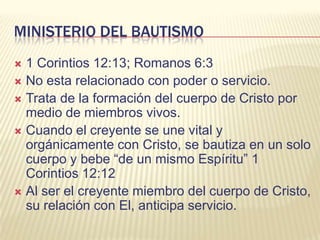 Ministerio RegeneradorEs hijo legítimo de Dios.Participa de la naturaleza de divina.Cristo ha sido engendrado en él.Es heredero de Dios y coheredero con Cristo.Esta transformación se lleva a cabo cuando se cree y nunca se repite.No hay una segunda regeneración por el Espíritu. 