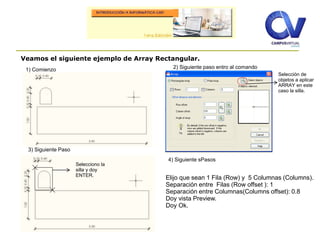 Veamos el siguiente ejemplo de Array Rectangular.
1) Comienzo 2) Siguiente paso entro al comando
Selección de
objetos a aplicar
ARRAY en este
caso la silla.
Selecciono la
silla y doy
ENTER.
Elijo que sean 1 Fila (Row) y 5 Columnas (Columns).
Separación entre Filas (Row offset ): 1
Separación entre Columnas(Columns offset): 0.8
Doy vista Preview.
Doy Ok.
3) Siguiente Paso
4) Siguiente sPasos
 