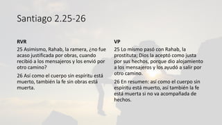 Santiago 2.25-26
RVR
25 Asimismo, Rahab, la ramera, ¿no fue
acaso justificada por obras, cuando
recibió a los mensajeros y los envió por
otro camino?
26 Así como el cuerpo sin espíritu está
muerto, también la fe sin obras está
muerta.
VP
25 Lo mismo pasó con Rahab, la
prostituta; Dios la aceptó como justa
por sus hechos, porque dio alojamiento
a los mensajeros y los ayudó a salir por
otro camino.
26 En resumen: así como el cuerpo sin
espíritu está muerto, así también la fe
está muerta si no va acompañada de
hechos.
 