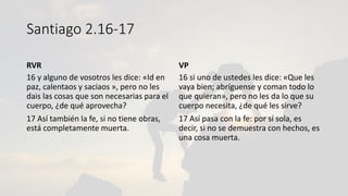 Santiago 2.16-17
RVR
16 y alguno de vosotros les dice: «Id en
paz, calentaos y saciaos », pero no les
dais las cosas que son necesarias para el
cuerpo, ¿de qué aprovecha?
17 Así también la fe, si no tiene obras,
está completamente muerta.
VP
16 si uno de ustedes les dice: «Que les
vaya bien; abríguense y coman todo lo
que quieran», pero no les da lo que su
cuerpo necesita, ¿de qué les sirve?
17 Así pasa con la fe: por sí sola, es
decir, si no se demuestra con hechos, es
una cosa muerta.
 