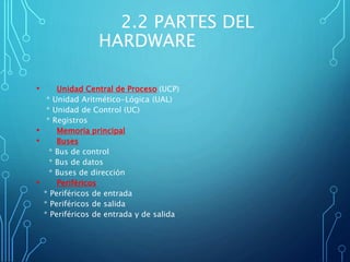 2.2 PARTES DEL
HARDWARE
• Unidad Central de Proceso (UCP)
* Unidad Aritmético-Lógica (UAL)
* Unidad de Control (UC)
* Registros
• Memoria principal
• Buses
* Bus de control
* Bus de datos
* Buses de dirección
• Periféricos
* Periféricos de entrada
* Periféricos de salida
* Periféricos de entrada y de salida
 