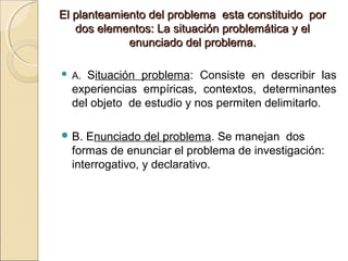 El planteamiento del problema esta constituido por
   dos elementos: La situación problemática y el
             enunciado del problema.

   A. Situación problema: Consiste en describir las
    experiencias empíricas, contextos, determinantes
    del objeto de estudio y nos permiten delimitarlo.

 B.   Enunciado del problema. Se manejan dos
    formas de enunciar el problema de investigación:
    interrogativo, y declarativo.
 