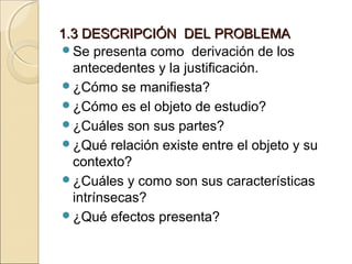 1.3 DESCRIPCIÓN DEL PROBLEMA
Se presenta como derivación de los
  antecedentes y la justificación.
¿Cómo se manifiesta?
¿Cómo es el objeto de estudio?
¿Cuáles son sus partes?
¿Qué relación existe entre el objeto y su
  contexto?
¿Cuáles y como son sus características
  intrínsecas?
¿Qué efectos presenta?
 