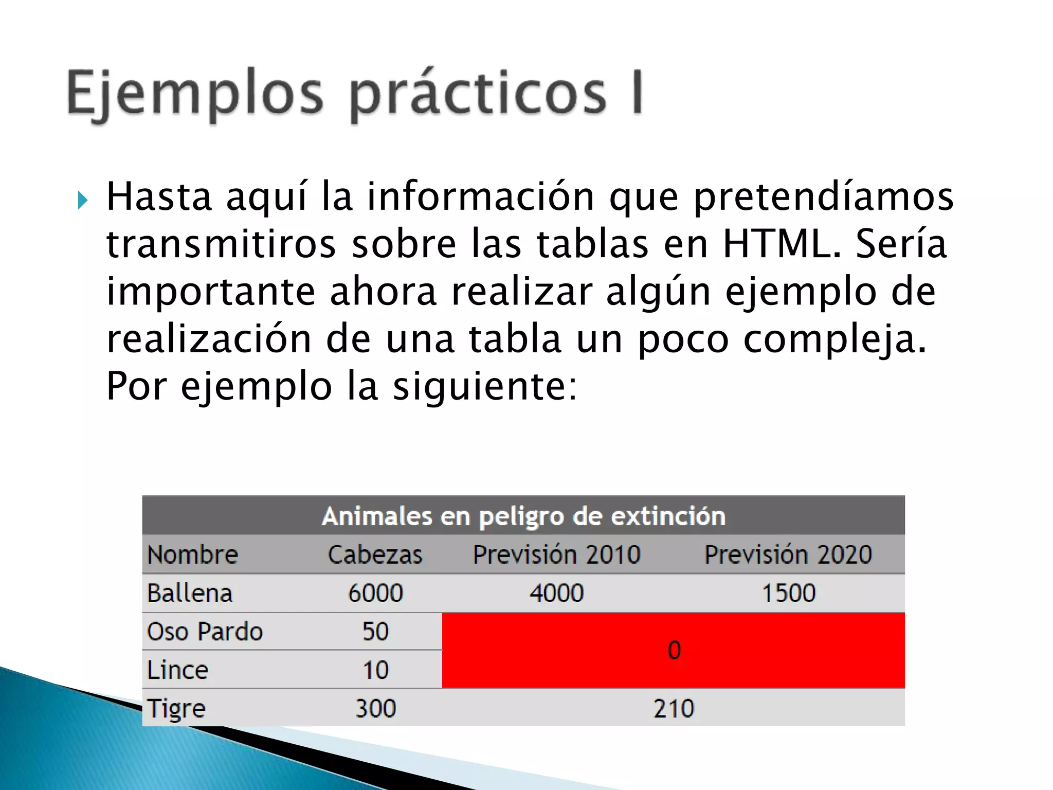  Hasta aquí la información que pretendíamos
transmitiros sobre las tablas en HTML. Sería
importante ahora realizar algún ejemplo de
realización de una tabla un poco compleja.
Por ejemplo la siguiente:
 