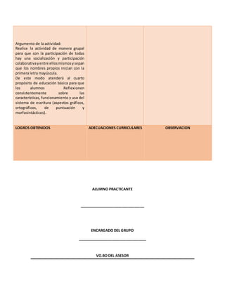 ALUMNO PRACTICANTE
________________________________
ENCARGADO DEL GRUPO
__________________________________
VO.BO DEL ASESOR
Argumento de la actividad:
Realice la actividad de manera grupal
para que con la participación de todas
hay una socialización y participación
colaborativayentre ellosmismosysepan
que los nombres propios inician con la
primera letra mayúscula.
De este modo atenderá al cuarto
propósito de educación básica para que
los alumnos Reflexionen
consistentemente sobre las
características, funcionamiento y uso del
sistema de escritura (aspectos gráficos,
ortográficos, de puntuación y
morfosintácticos).
LOGROS OBTENIDOS ADECUACIONES CURRICULARES OBSERVACION
 