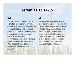 Jeremías 
32.14-­‐15 
RVR 
14 
“Así 
ha 
dicho 
Jehová́ 
de 
los 
ejércitos, 
Dios 
de 
Israel: 
‘Toma 
estas 
escrituras, 
esta 
escritura 
de 
venta, 
sellada, 
y 
esta 
escritura 
abierta, 
y 
ponlas 
en 
una 
vasija 
de 
barro, 
para 
que 
se 
conserven 
durante 
mucho 
Lempo.’ 
15 
»”Porque 
así 
ha 
dicho 
Jehová́ 
de 
los 
ejércitos, 
Dios 
de 
Israel: 
‘Aún 
se 
comprarán 
casas, 
heredades 
y 
viñas 
en 
esta 
Lerra.’” 
VP 
14 
“El 
Señor 
todopoderoso, 
el 
Dios 
de 
Israel, 
dice: 
Toma 
las 
dos 
copias 
de 
este 
contrato, 
la 
sellada 
y 
la 
abierta, 
y 
guárdalas 
en 
una 
vasija 
de 
barro, 
para 
que 
se 
conserven 
mucho 
Lempo. 
15 
Pues 
el 
Señor 
todopoderoso, 
el 
Dios 
de 
Israel, 
dice: 
En 
esta 
Lerra 
volverán 
a 
comprarse 
casas, 
campos 
y 
viñedos.” 
 