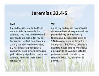 Jeremías 
32.4-­‐5 
RVR 
4 
y 
Sedequías, 
rey 
de 
Judá́, 
no 
escapará 
de 
la 
mano 
de 
los 
caldeos, 
sino 
que 
de 
cierto 
será́ 
entregado 
en 
mano 
del 
rey 
de 
Babilonia. 
Hablará 
con 
él 
cara 
a 
cara, 
y 
sus 
ojos 
verán 
sus 
ojos, 
5 
y 
hará́ 
llevar 
a 
Sedequías 
a 
Babilonia, 
y 
allá́ 
estará́ 
hasta 
que 
yo 
lo 
visite; 
y 
si 
peleáis 
contra 
los 
caldeos, 
no 
os 
irá 
bien, 
dice 
Jehová́”?» 
VP 
4 
y 
el 
rey 
Sedequías 
no 
escapará 
de 
los 
caldeos, 
sino 
que 
caerá́ 
en 
poder 
del 
rey 
de 
Babilonia 
y 
tendrá́ 
que 
presentarse 
ante 
él. 
5 
Nabucodonosor 
se 
llevará 
a 
Sedequías 
a 
Babilonia, 
donde 
se 
quedará 
hasta 
que 
yo 
me 
vuelva 
a 
ocupar 
de 
él. 
Aunque 
ustedes 
peleen 
contra 
los 
caldeos, 
no 
tendrán 
éxito. 
Yo, 
el 
Señor, 
lo 
afirmo.”» 
 