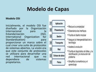 Modelo de Capas
Modelo OSI
Inicialmente, el modelo OSI fue
diseñado por la Organización
Internacional para la
Estandarización (ISO,
International Organization for
Standardization) para
proporcionar un marco sobre el
cual crear una suite de protocolos
de sistemas abiertos. La visión era
que este conjunto de protocolos
se utilizara para desarrollar una
red internacional que no
dependiera de sistemas
propietarios.
 