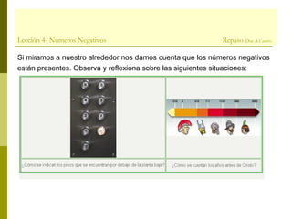 Lección 4- Números Negativos Repaso Doc.A.Castro
Si miramos a nuestro alrededor nos damos cuenta que los números negativos
están presentes. Observa y reflexiona sobre las siguientes situaciones:
 