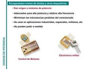Encapsulados mixtos de diodos y otros dispositivos
DIODOS
DE
POTENCIA
• Dan origen a módulos de potencia
- Adecuados para ...