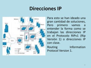 Direcciones IP
Para esto se han ideado una
gran cantidad de soluciones,
Pero primero vamos a
entender la forma como se
trabajan las direcciones IP
en el Protocolo RIPv1 (Rip
Versión 1) o direcciones IP
con clase.
Routing Information
Protocol Version 1.
11
 