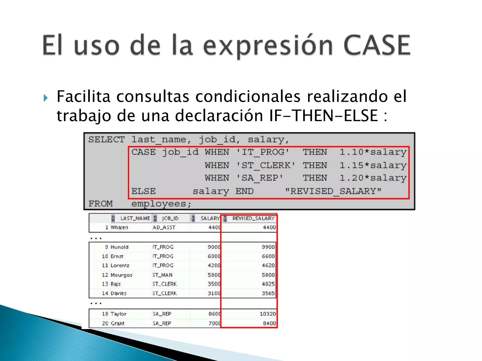  Facilita consultas condicionales realizando el
trabajo de una declaración IF-THEN-ELSE :
 