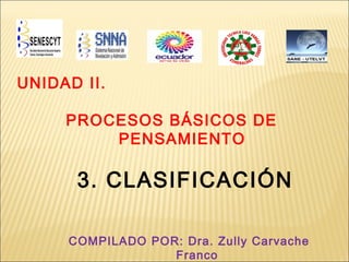 UNIDAD II.
PROCESOS BÁSICOS DE
PENSAMIENTO

3. CLASIFICACIÓN
COMPILADO POR: Dra. Zully Carvache
Franco

 