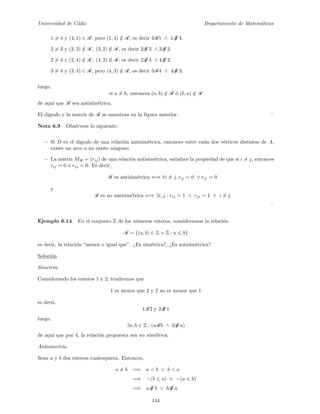 Universidad de C´adiz Departamento de Matem´aticas
1 = 4 y (4, 1) ∈ R, pero (1, 4) /∈ R, es decir 4R1 ∧ 1R/ 4.
2 = 3 y (2, 3) /∈ R, (3, 2) /∈ R, es decir 2R/ 3 ∧ 3R/ 2.
2 = 4 y (2, 4) /∈ R, (4, 2) /∈ R, es decir 2R/ 4 ∧ 4R/ 2.
3 = 4 y (3, 4) ∈ R, pero (4, 3) /∈ R, es decir 3R4 ∧ 4R/ 3.
luego,
si a = b, entonces (a, b) /∈ R ´o (b, a) /∈ R
de aqu´ı que R sea antisim´etrica.
El digrafo y la matriz de R se muestran en la figura anterior.
Nota 6.9 Obs´ervese lo siguiente:
− Si D es el digrafo de una relaci´on antisim´etrica, entonces entre cada dos v´ertices distintos de A,
existe un arco o no existe ninguno.
− La matriz MR = (rij) de una relaci´on antisim´etrica, satisface la propiedad de que si i = j, entonces
rij = 0 ´o rji = 0. Es decir,
R es antisim´etrica ⇐⇒ ∀i = j, rij = 0 ∨ rji = 0
y
R es no antisim´etrica ⇐⇒ ∃i, j : rij = 1 ∧ rji = 1 ∧ i = j
Ejemplo 6.14 En el conjunto Z de los n´umeros enteros, consideramos la relaci´on
R = {(a, b) ∈ Z × Z : a b}
es decir, la relaci´on “menor o igual que”. ¿Es sim´etrica?, ¿Es antisim´etrica?
Soluci´on
Simetr´ıa.
Considerando los enteros 1 y 2, tendremos que
1 es menor que 2 y 2 no es menor que 1
es decir,
1R2 y 2R/ 1
luego,
∃a, b ∈ Z : (aRb ∧ bR/ a)
de aqu´ı que por 4, la relaci´on propuesta sea no sim´etrica.
Antisimetr´ıa.
Sean a y b dos enteros cualesquiera. Entonces,
a = b =⇒ a < b ∨ b < a
=⇒ ¬ (b a) ∨ ¬ (a b)
=⇒ aR/ b ∨ bR/ a
144
 