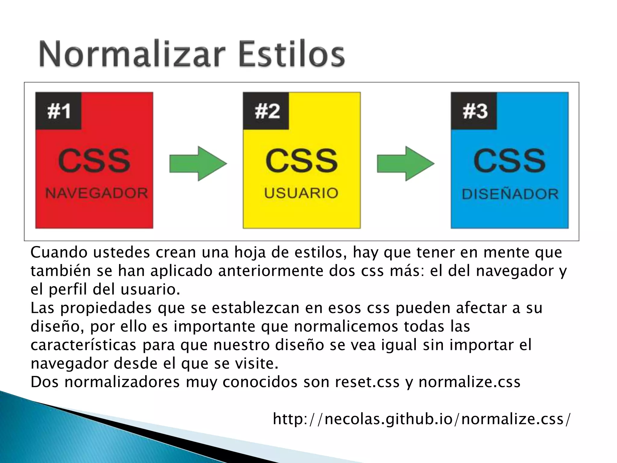 Cuando ustedes crean una hoja de estilos, hay que tener en mente que
también se han aplicado anteriormente dos css más: el del navegador y
el perfil del usuario.
Las propiedades que se establezcan en esos css pueden afectar a su
diseño, por ello es importante que normalicemos todas las
características para que nuestro diseño se vea igual sin importar el
navegador desde el que se visite.
Dos normalizadores muy conocidos son reset.css y normalize.css
http://necolas.github.io/normalize.css/
 