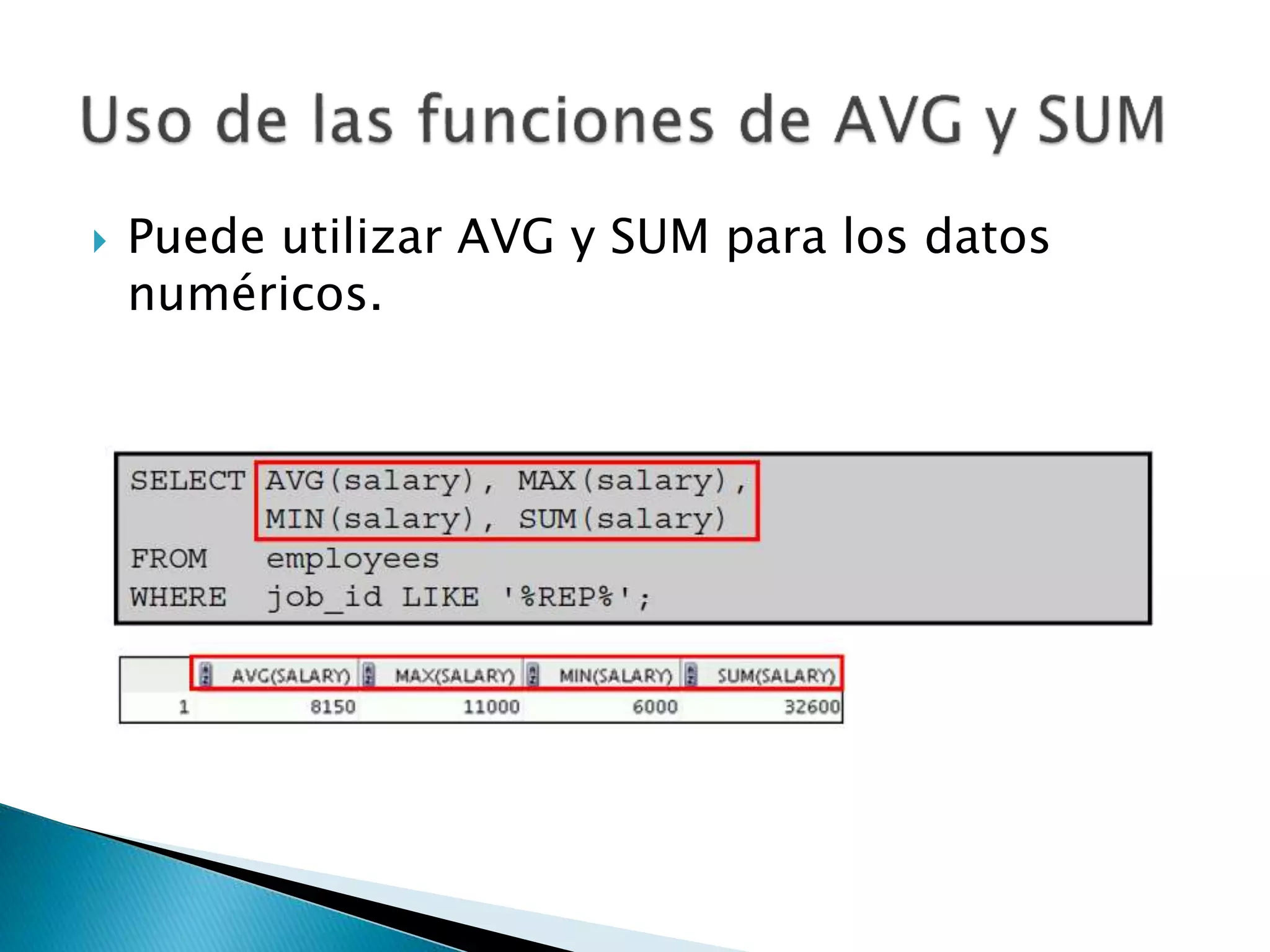  Puede utilizar AVG y SUM para los datos
numéricos.
 