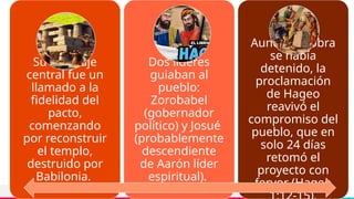 TREY
research
Add a footer
Su mensaje
central fue un
llamado a la
fidelidad del
pacto,
comenzando
por reconstruir
el templo,
destruido por
Babilonia.
Dos líderes
guiaban al
pueblo:
Zorobabel
(gobernador
político) y Josué
(probablemente
descendiente
de Aarón líder
espiritual).
Aunque la obra
se había
detenido, la
proclamación
de Hageo
reavivó el
compromiso del
pueblo, que en
solo 24 días
retomó el
proyecto con
fervor (Hageo
 