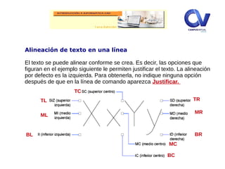 Alineación de texto en una línea
El texto se puede alinear conforme se crea. Es decir, las opciones que
figuran en el ejemplo siguiente le permiten justificar el texto. La alineación
por defecto es la izquierda. Para obtenerla, no indique ninguna opción
después de que en la línea de comando aparezca Justificar.
TL
TC
TR
BL
BC
BR
ML
MC
MR
 